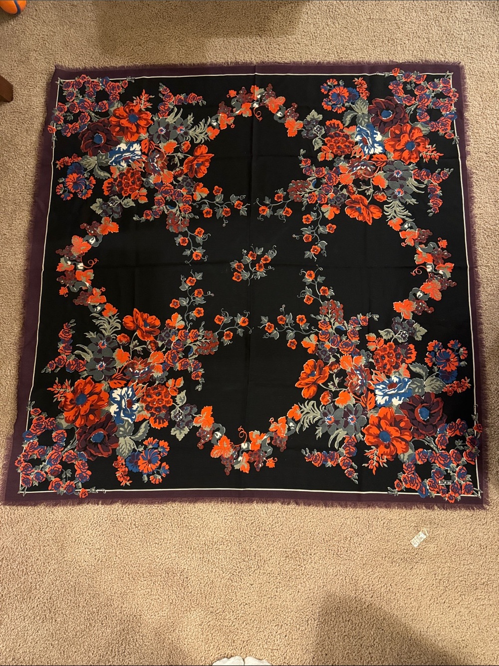 Liberty Black Scarf with Red, Blue and Green Floral Wreaths